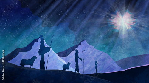 Fotografie, Obraz An angel visits shepherds near Bethlehem announcing that Jesus Christ, our Savior is born