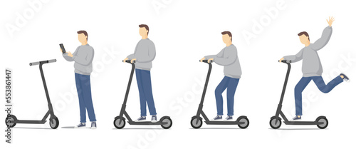 Set of funny man riding kick scooters. Flat cartoon vector illustration.