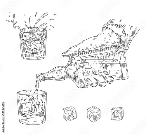 Male hand pours whiskey from bottles into a glass. Vintage vector black engraving