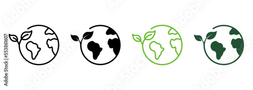 Earth Nature Care Line and Silhouette Icon Set. Ecology Planet and Leaf Pictogram. Eco Globe Green World with Plant Symbol Collection on White Background. Isolated Vector Illustration photo