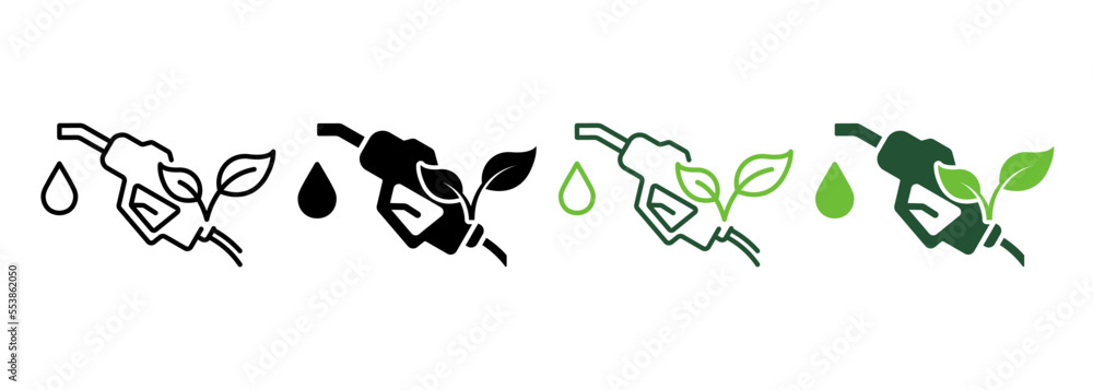 Ecology Gas Station Line and Silhouette Icon Color Set. Fuel Nozzle Eco ...