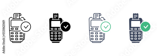 Success Payment on Payment Terminal Line and Silhouette Icon Set. Approve Transaction on POS Pictogram. Cashless Purchase Pay with Checkmark Symbol Collection. Isolated Vector Illustration