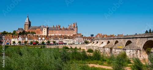 View of Gien with the castle and the old bridge across the Loire river, France