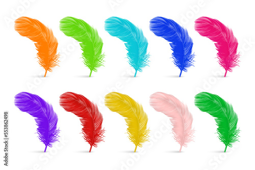 Vector 3d Realistic Multicolored Fluffy Feather Set Isolated on White Background. Design Template of Flamingo, Angel, Bird Detailed Feathers. Lightness, Freedom Concept