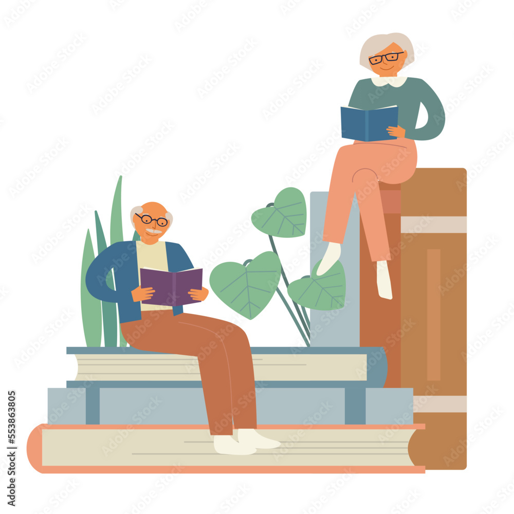 Happy elderly couple spending peaceful time together read books on the big stack of books. Flat vector illustration
