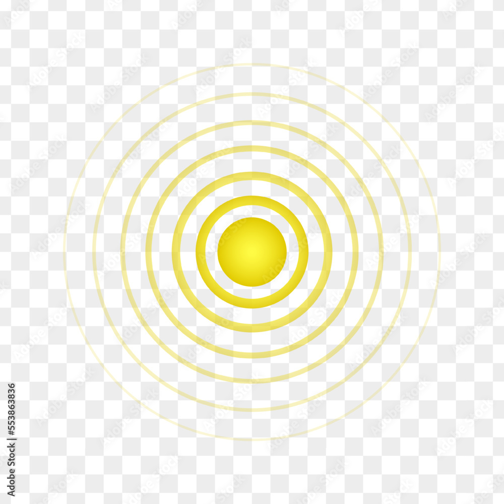 Yellow point with concentric circles. Symbol of aim, target, pain, healing, hurt, painkilling. Round localization icon. Radar, sound or sonar wave sign on transparent background. Vector illustration