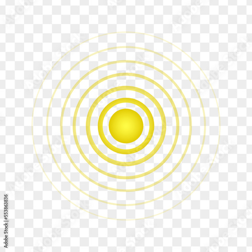 Yellow point with concentric circles. Symbol of aim, target, pain, healing, hurt, painkilling. Round localization icon. Radar, sound or sonar wave sign on transparent background. Vector illustration