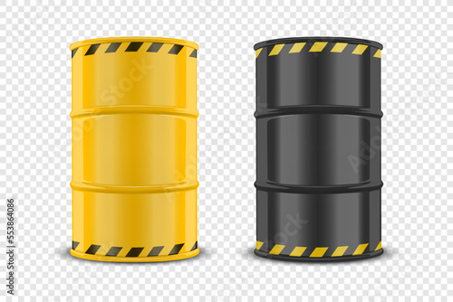 Vector 3d Realistic Yellow Barrel, Hazard Liquid. Caution, Radioactive, Hazardous Chemical Materials, Toxic Pollution, Danger Barrel Set with Biohazard Sign Closeup Isolated. Front View