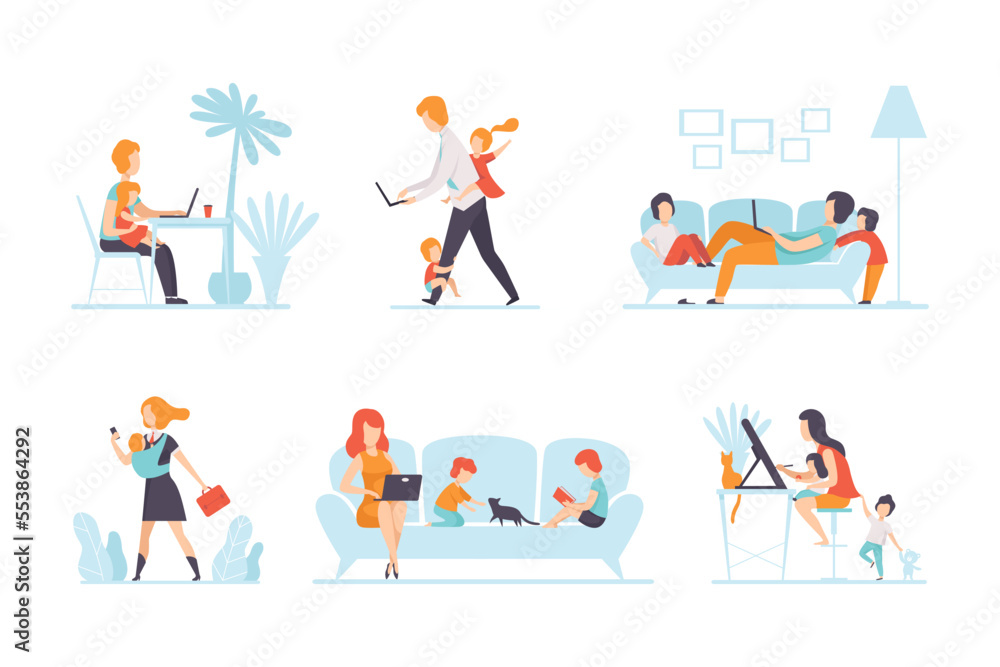 Man and Woman Parent Working from Home and Nursing Children Combining Job and Family Duty Vector Set