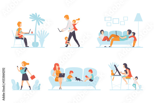 Man and Woman Parent Working from Home and Nursing Children Combining Job and Family Duty Vector Set