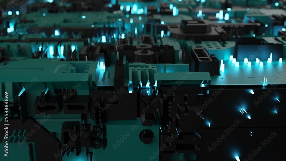 Black-dark green futuristic circuit technology with green LED point light. Concept 3D CG of hi-tech digital data connection system, computer electronic design and Sci-Fi Landscape. Black-dark green futuristic circuit technology with green LED point light. Concept 3D CG of hi-tech digital data connection system, computer electronic design and Sci-Fi Landscape.