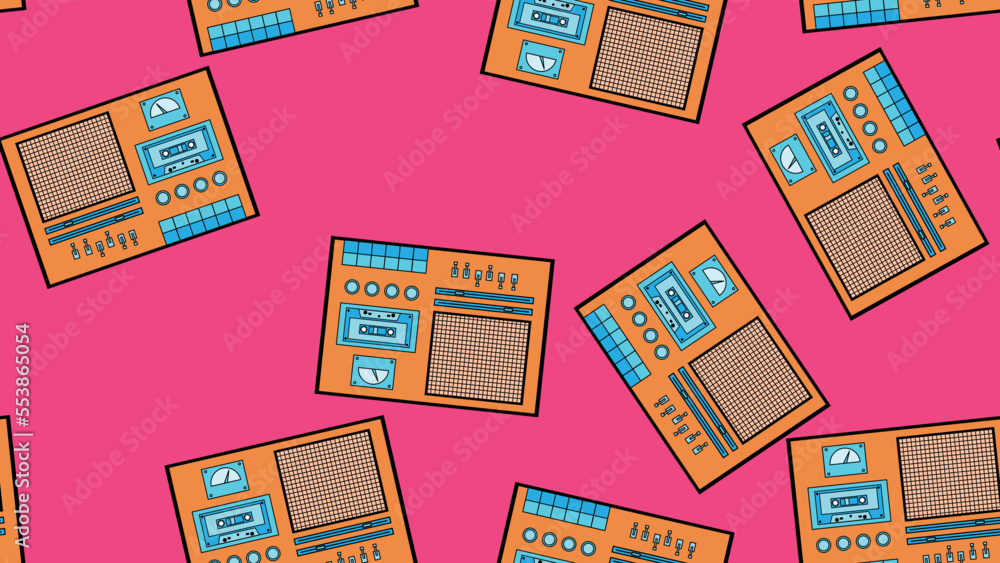 Seamless pattern endless with music audio cassette old retro tape recorders vintage hipster from 70s, 80s, 90s isolated on purple background. Vector illustration