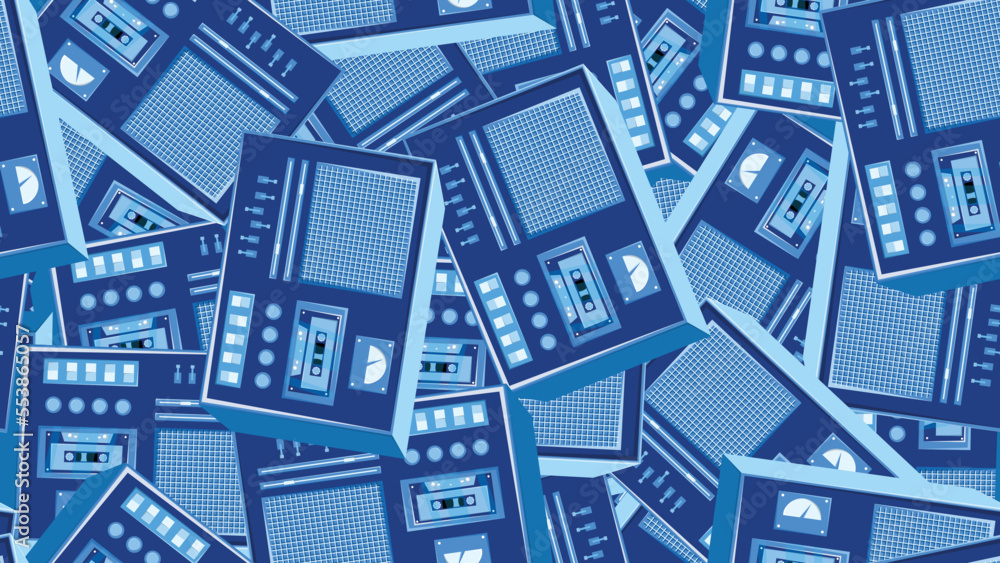 Seamless pattern endless with music audio cassette old retro tape recorders vintage hipster from 70s, 80s, 90s isolated on blue background. Vector illustration