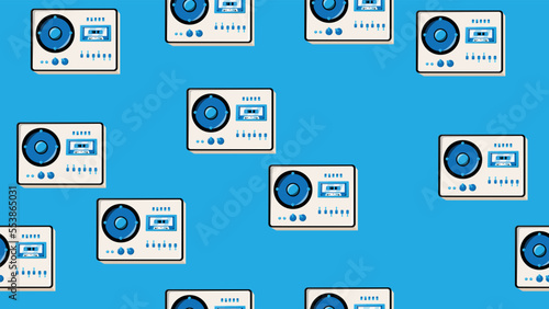 Seamless pattern endless with music audio cassette old retro tape recorders vintage hipster from 70s, 80s, 90s isolated on blue background. Vector illustration