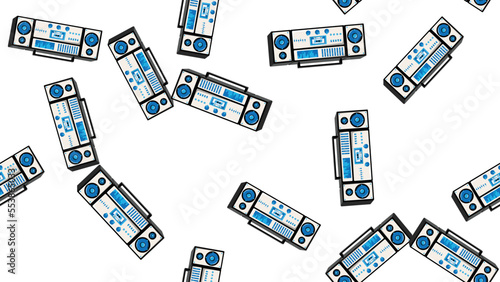 Seamless pattern endless with music audio cassette old retro tape recorders vintage hipster from 70s, 80s, 90s isolated on white background. Vector illustration