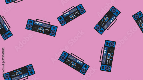 Seamless pattern endless with music audio cassette old retro tape recorders vintage hipster from 70s, 80s, 90s isolated on purple background. Vector illustration