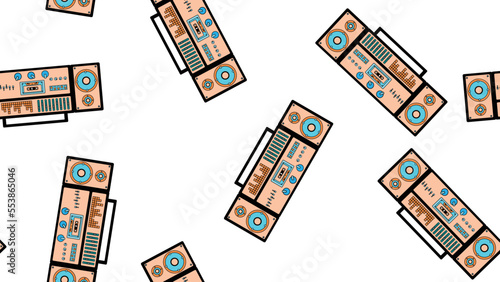 Seamless pattern endless with music audio cassette old retro tape recorders vintage hipster from 70s, 80s, 90s isolated on white background. Vector illustration