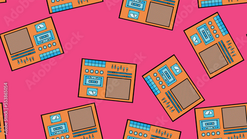Seamless pattern endless with music audio cassette old retro tape recorders vintage hipster from 70s, 80s, 90s isolated on purple background. Vector illustration