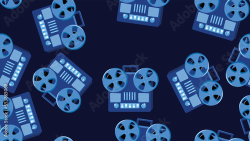 Seamless pattern endless with music audio cassette old retro tape recorders vintage hipster from 70s, 80s, 90s isolated on blue background. Vector illustration