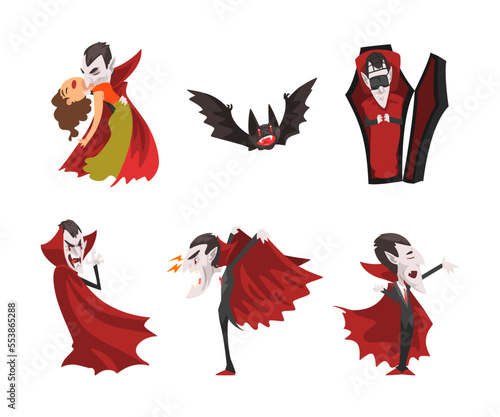 Count Dracula as Scary Vampire Character Wearing Red Cape Vector Set