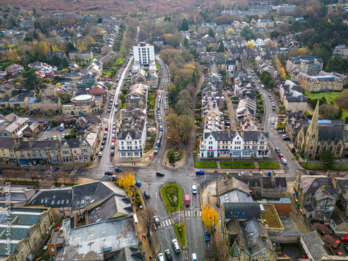 Ilkley, West Yorkshire. 7th December, 2022. Aerial view of Ilkley town centre viewed from above Brook Street. photo