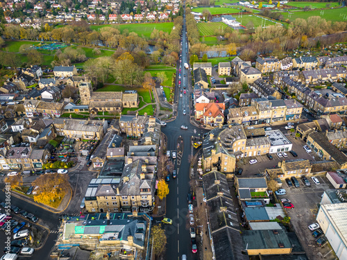 Ilkley, West Yorkshire. 7th December, 2022. Aerial view of Ilkley town centre viewed from above Brook Street.