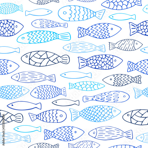 Hand-drawn doodle fishes blue seamless pattern. Sea background. Aquarium illustration.	