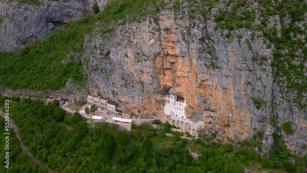 Aerial shot of the Ostrog Monastery or Monasterio de Ostrog in Montenegro. It is an important Orthodox religion center in Balkans