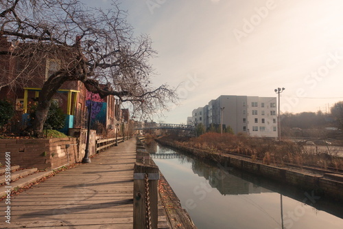 Boardwalk By City Canal on Winter Day