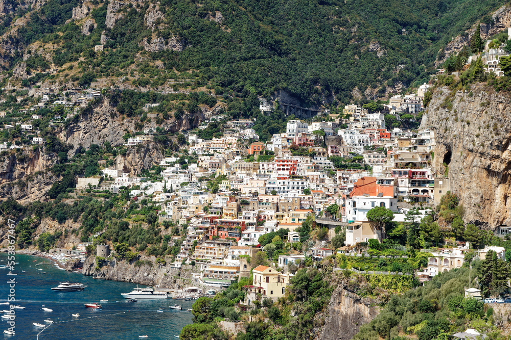 Top view of the village of Positano on the Amalfi coast on a clear summer day