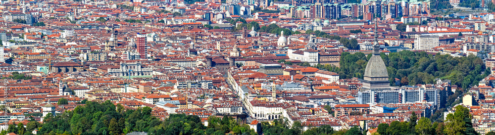 Aerial panorama of the historic center of Turin (Piedmont, Italy) seen from Colle della Maddalena