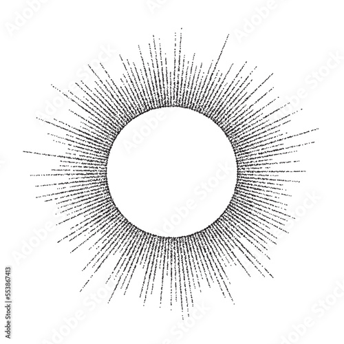 Dotted sunbeam round frame. Black grainy sunburst text template. Textured stipple rays separator and divider. Vintage design elements for labels, badges.