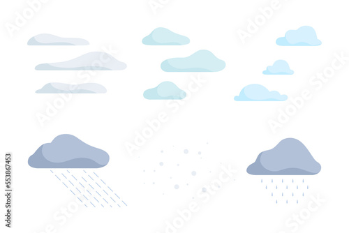 Fluffy Shaped Clouds Scudding Across Sky, Snow and Rain as Landscape Constructor Element Vector Set