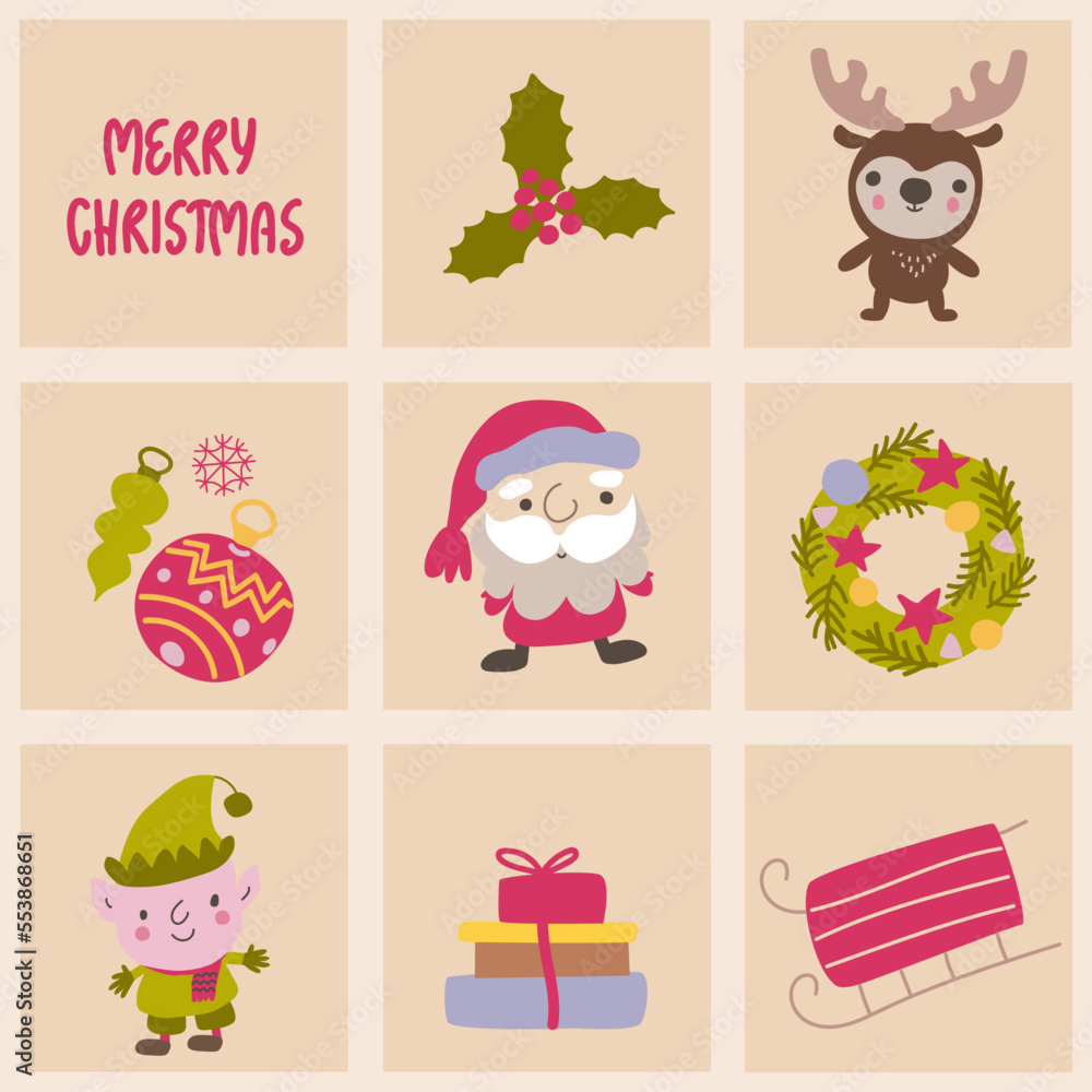 Set of square cards with hand drawn lettering and cute Christmas themed elements.