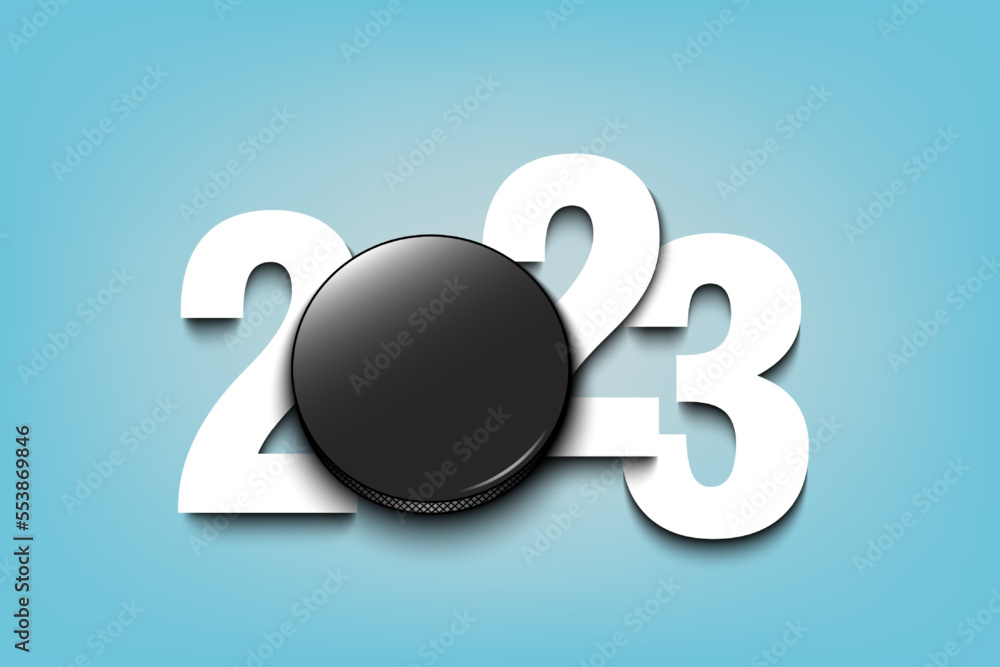 Happy New Year 2023 and hockey puck Happy New Year 2023 and hockey puck