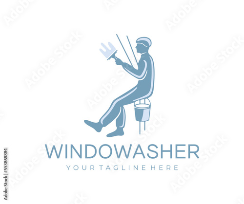 Industrial climbers wash windows building and skyscraper by using squeegee, logo design. Industrial mountaineering, window cleaner, housekeeping and cleaning, vector design and illustration