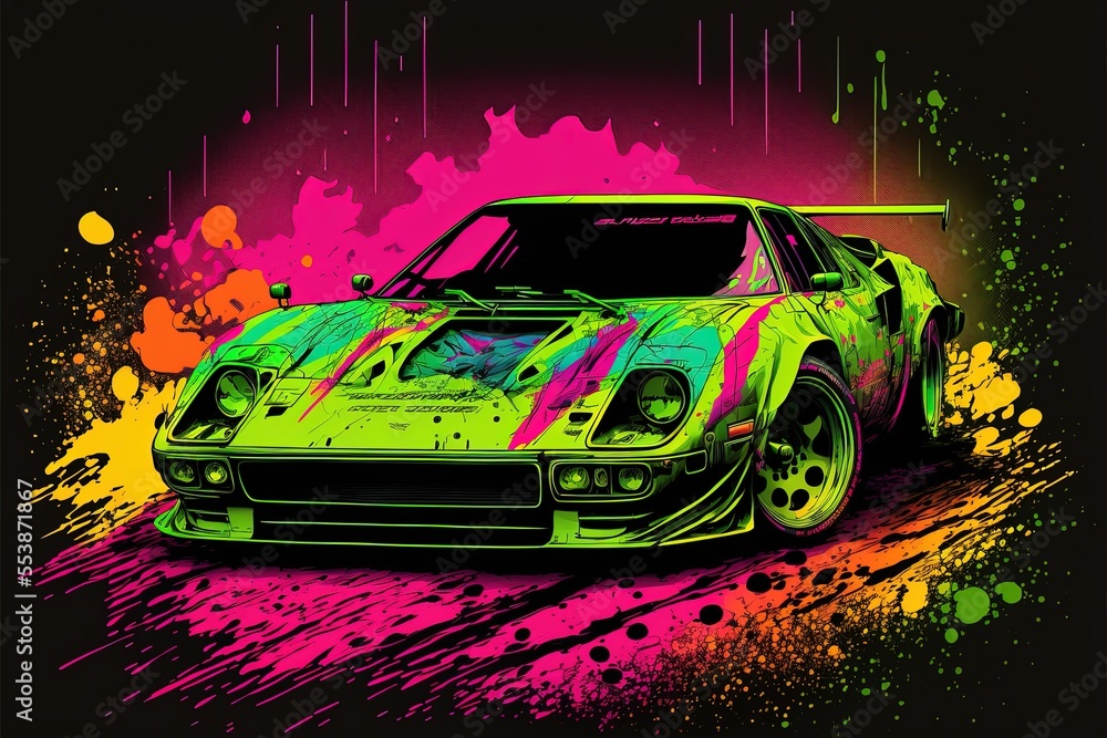Pop art neon racing sports car. Generative AI