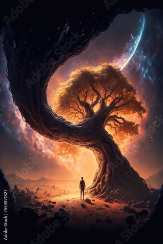 Surrealistic tree growing with a man standing next to the tree