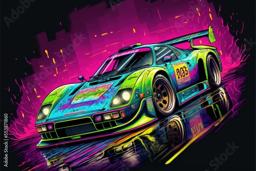 Pop art neon racing sports car
