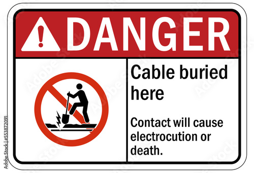 Buried cable warning sign and labels cable buried here contact will cause electrocution or death