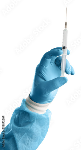 Medical hand with syringe and virus vaccine in hand.