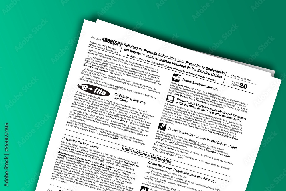 Fototapeta premium Form 4868 (SP) documentation published IRS USA 44531. American tax document on colored