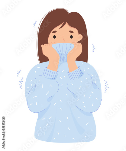 Woman freezing wearing wrapped in warm sweater and shivering. Cartoon flat vector illustration. Concept disease, winter season, cold and suffering of low degrees temperature