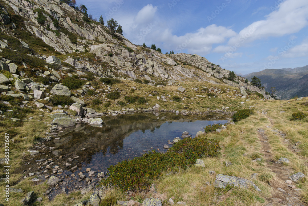 Small lake in the pyrenees mountains at Vallee du Soussoueou on a partly cloudy autumn day, Artouste, Nouvelle-Aquitaine, France Small lake in the pyrenees mountains at Vallee du Soussoueou on a partly cloudy autumn day, Artouste, Nouvelle-Aquitaine, France