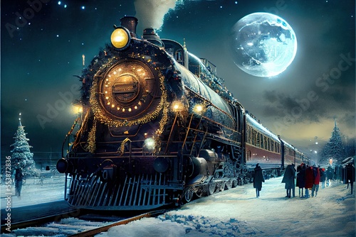 Christmas train coming into town on Christmas eve. 