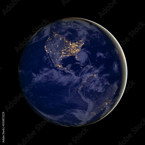 Image of planet earth with focus on North America and South America at night as seen from space. City lights can be seen. Digitally enhanced. Elements of this image furnished by NASA.  