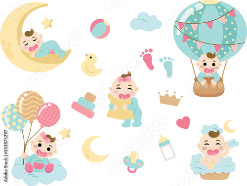 colección ilustración de bebe con diferentes poses, ilustracion ideal para decoración de baby shower photo