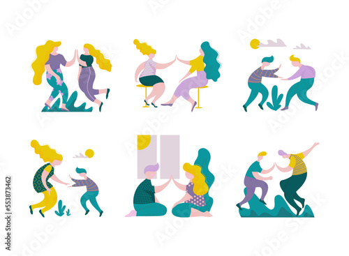People Character Giving High Five Interacting with Each Other Vector Set