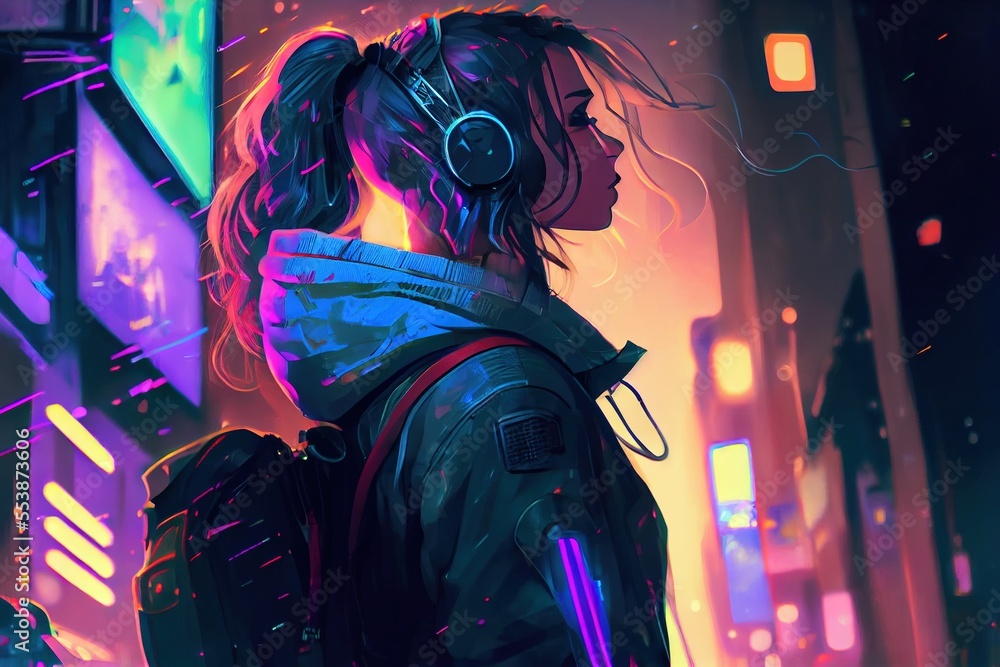 anime girl with headset vibe to music , cyberpunk, steampunk, sci-fi,  fantasy Stock Illustration