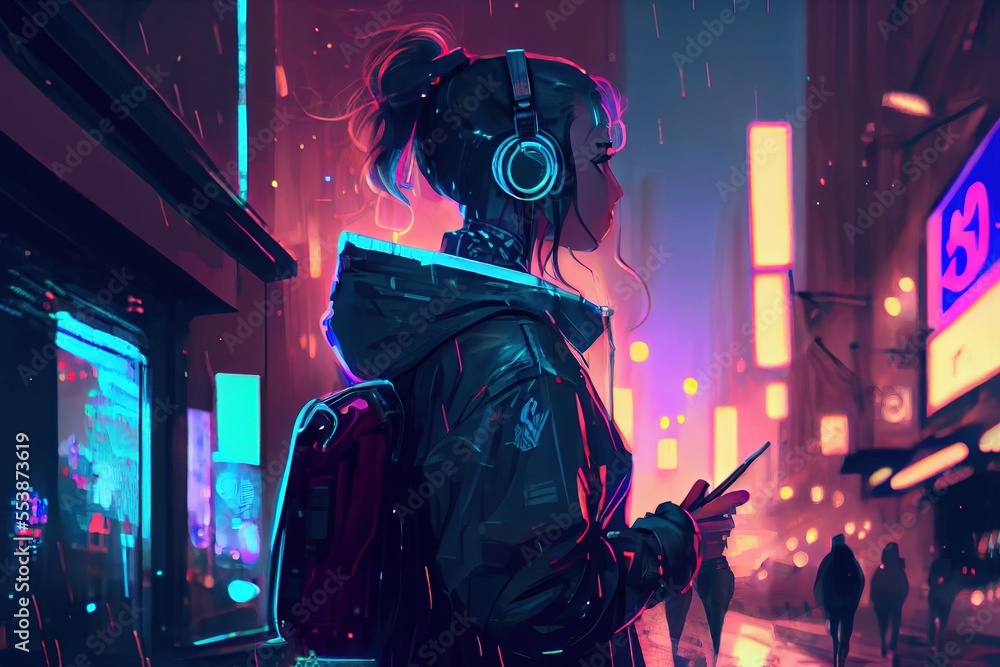 anime girl with headset vibe to music , cyberpunk, steampunk, sci-fi,  fantasy Stock Illustration